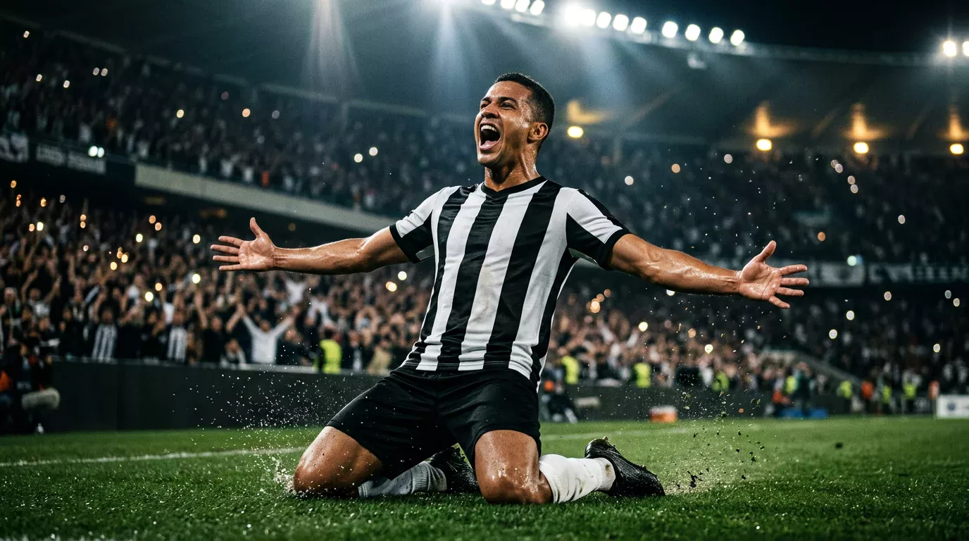 Jugador del Brasileirão celebrando un gol bajo los focos en un estadio nocturno