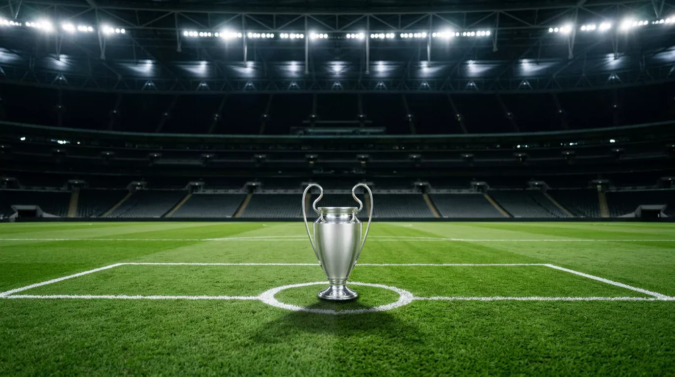 Trofeo del Brasileirão iluminado sobre el césped de un estadio vacío