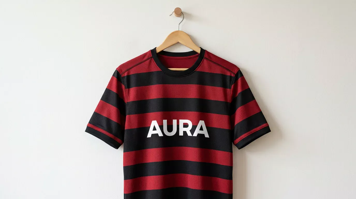 Camiseta roja y negra de un club brasileño colgada con el logo de un patrocinador de apuestas en el pecho