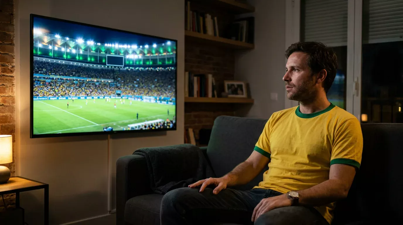Aficionado viendo un partido del Brasileirão desde España con camiseta de fútbol brasileño