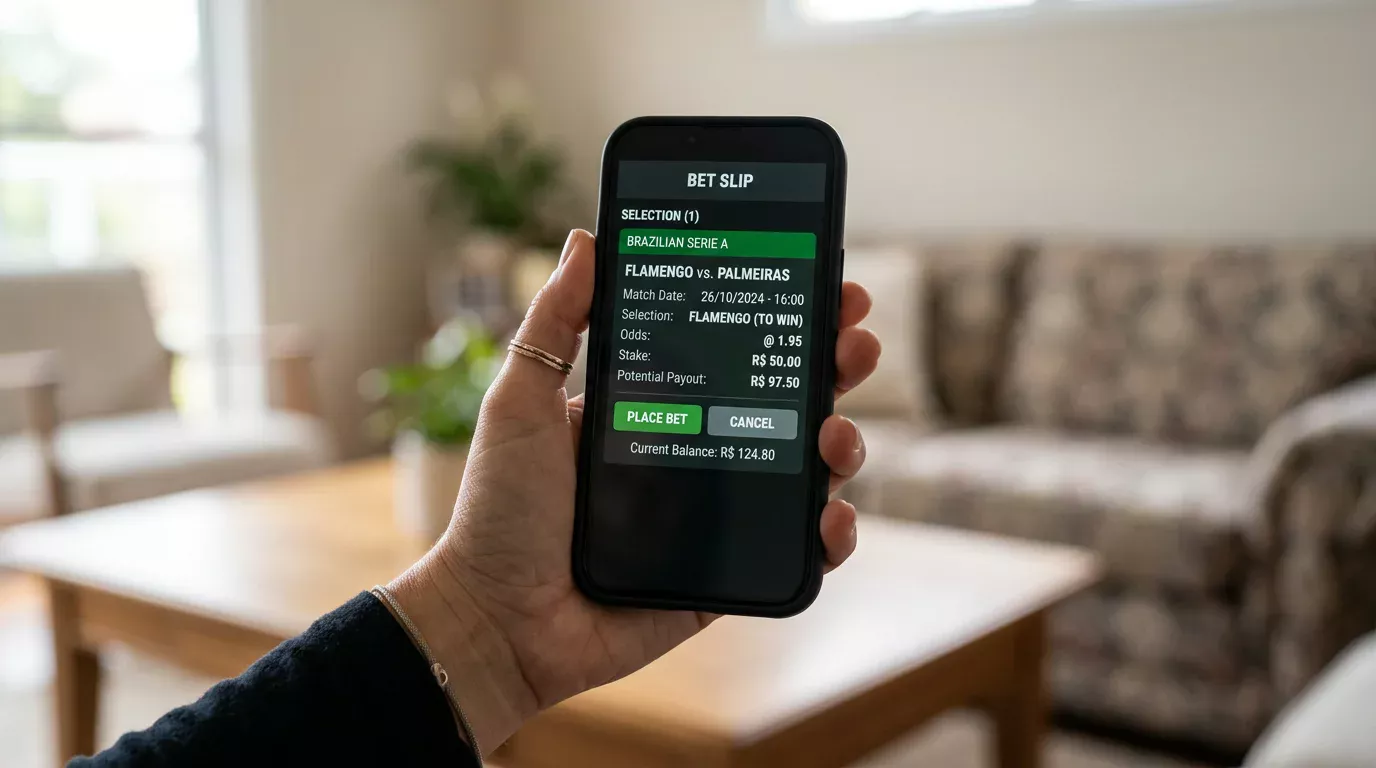 Pantalla de móvil con cupón de apuesta al Brasileirão desde España