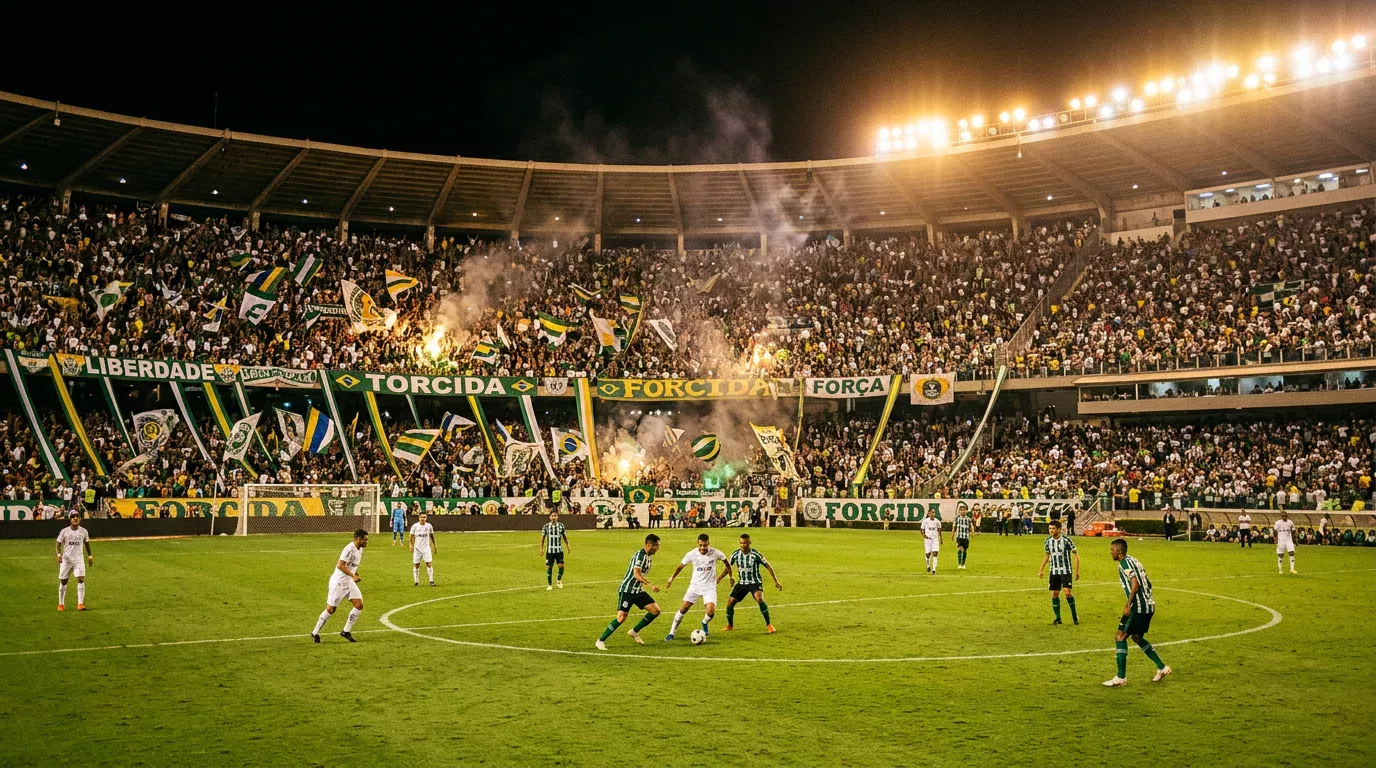 Estadio del Brasileirão iluminado durante un partido de la Serie A con tribunas llenas
