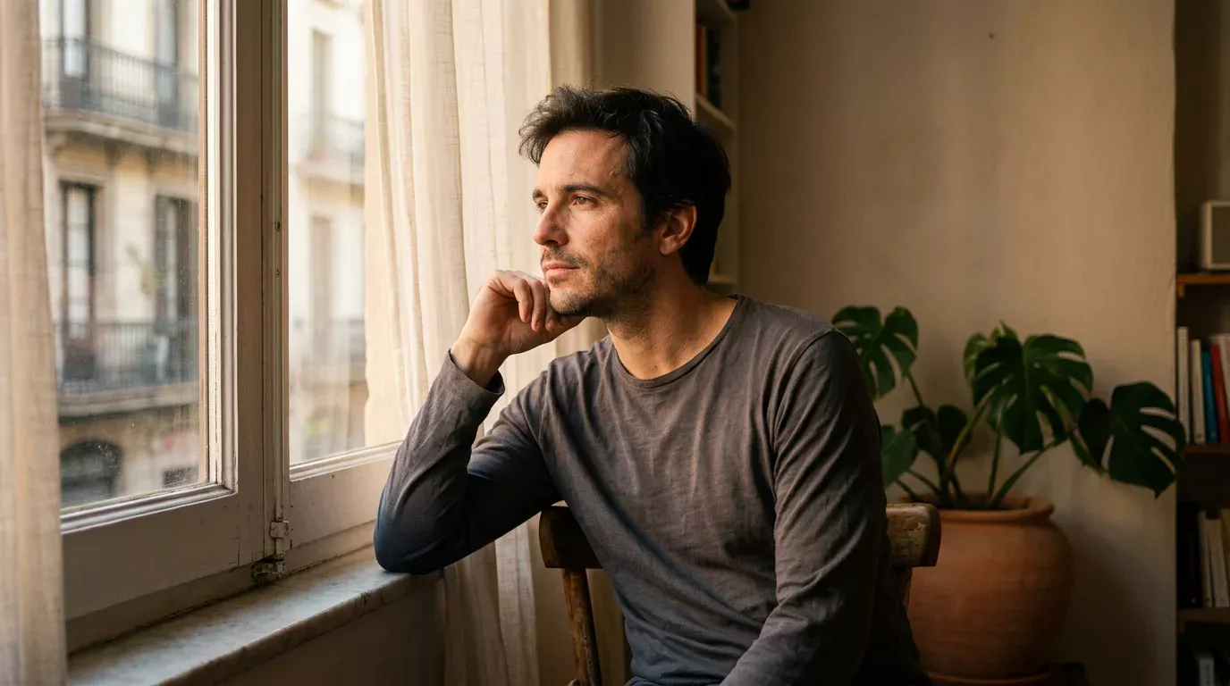 Apostador adulto sentado junto a la ventana con expresión reflexiva, luz suave del atardecer